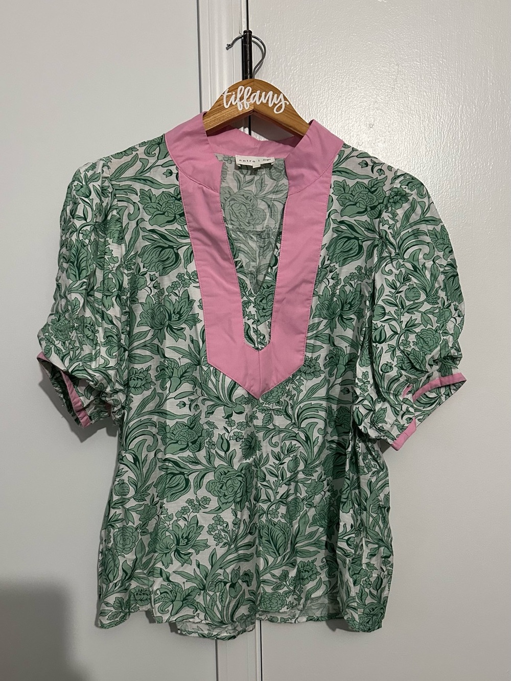 entro Green Floral Blouse with Pink Trim